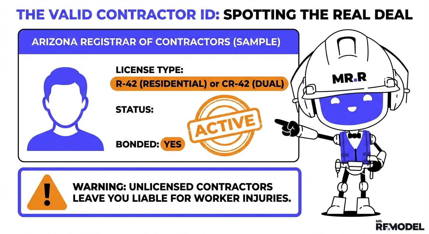 A sample Arizona Registrar of Contractors ID card highlights the R-42 and CR-42 license codes that homeowners must verify to avoid liability with unlicensed storm chasers.